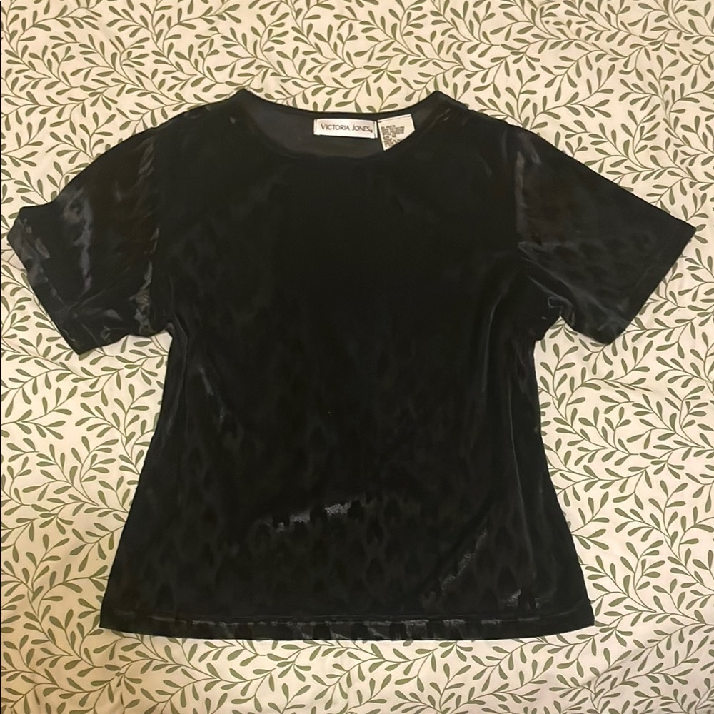 Victoria Jones Black Velvet Top with Abstract Leopard Design - Size M